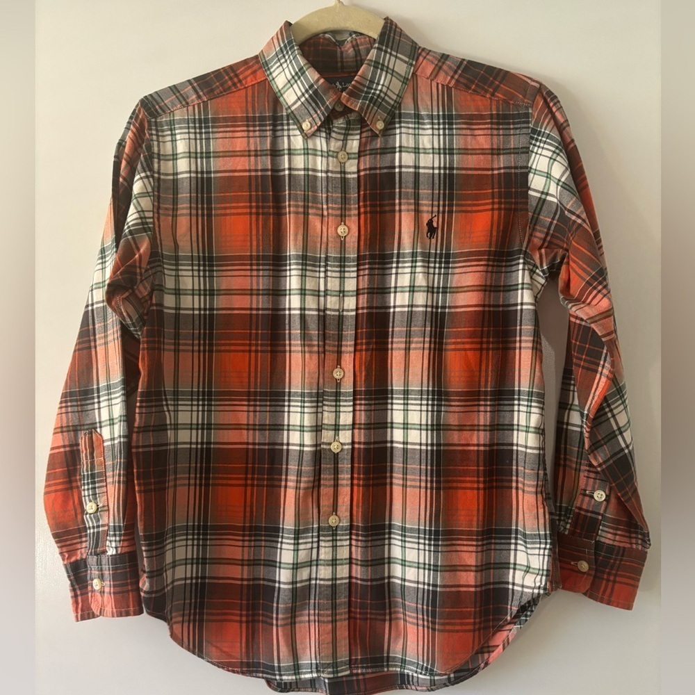 Polo Ralph Lauren Burnt Orange Plaid Boy’s Casual Long Sleeve Shirt Sz Med